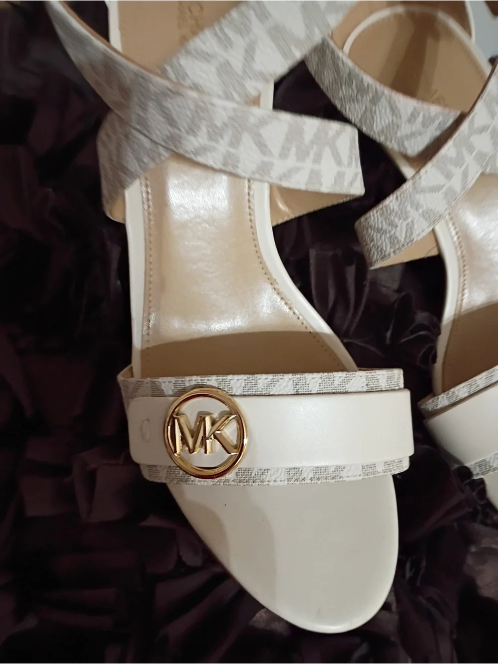 Michael Kors White and Light Gray Logo Strap Wedge Sandals with Gold MK Accent - Picture 7 of 7